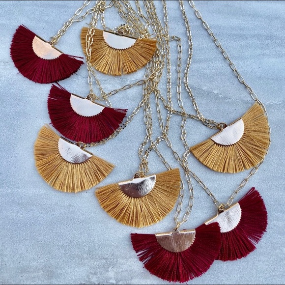 Pure Silk Fan Tassel Boho 22K Gold Necklace - Picture 8 of 9